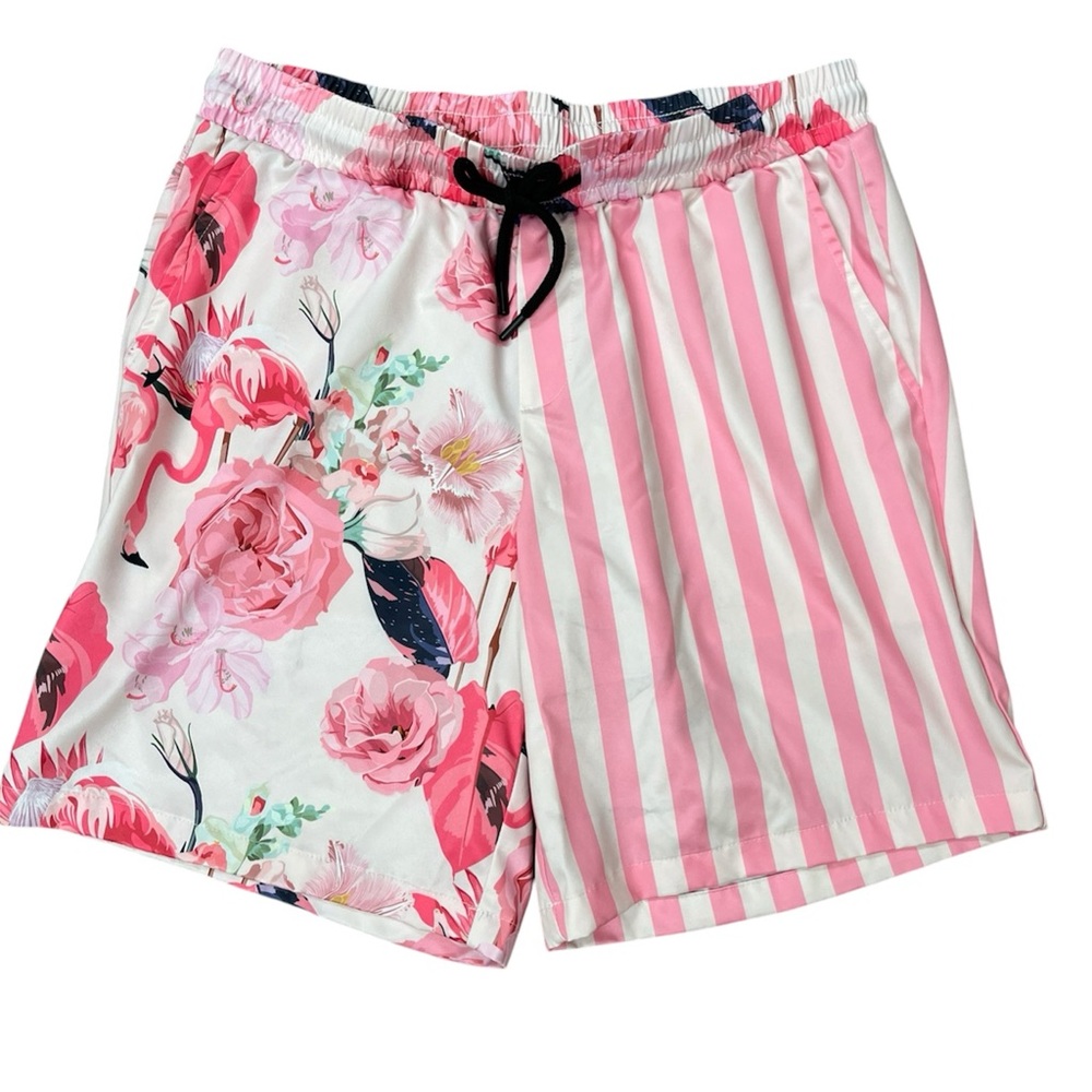 Men’s Vatpave Shorts Stripe/Floral Pink Elastic Waist Drawstring Preppy Beach